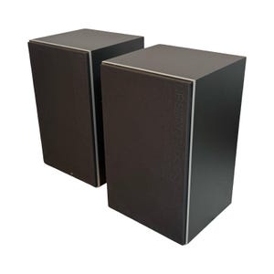 Op de afbeelding: Twee zwarte rechthoekige luidsprekers met donkerbruine luidsprekerstof. De luidsprekers hebben een zilveren rand rond de boven- en zijkanten. De luidsprekers staan naast elkaar tegen een witte achtergrond.