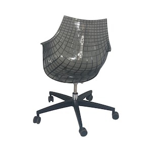 May include: A black mesh office chair with a swivel base and five wheels. The chair has a clear plastic seat and back.
