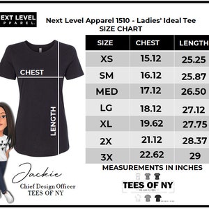 May include: Size chart for a women's t-shirt, showing chest and length measurements in inches for sizes XS to 3X. The chart is labeled "Next Level Apparel 1510 - Ladies' Ideal Tee".