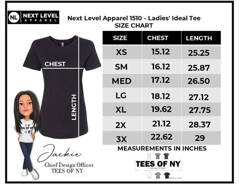 May include: Size chart for a women's t-shirt, showing chest and length measurements in inches for sizes XS to 3X. The chart is labeled "Next Level Apparel 1510 - Ladies' Ideal Tee".