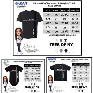 May include: Size chart for Gildan 64500B Youth Softstyle T-Shirt and Gildan 64500P Softstyle Toddler T-Shirt. The chart shows chest and length measurements in inches for different sizes. The chart also includes the corresponding US sizes for the youth T-shirt.