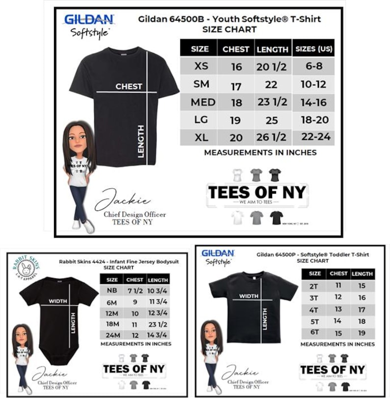 May include: Size chart for Gildan 64500B Youth Softstyle T-Shirt and Gildan 64500P Softstyle Toddler T-Shirt. The chart shows chest and length measurements in inches for different sizes. The chart also includes the corresponding US sizes for the youth T-shirt.