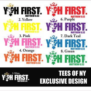 May include: Nine different color variations of a graphic tee design featuring a lion head with a crown and the text "YOH FIRST. MATTHEW 6:33". The text "TEES OF NY EXCLUSIVE DESIGN" is at the bottom of the image.