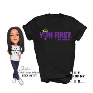 May include: Black t-shirt with a purple and gold graphic that says "YH FIRST. MATTHEW 6:33".
