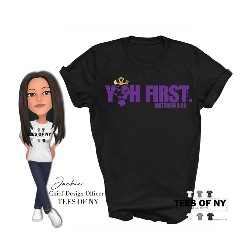 May include: Black t-shirt with a purple and gold graphic that says "YH FIRST. MATTHEW 6:33".