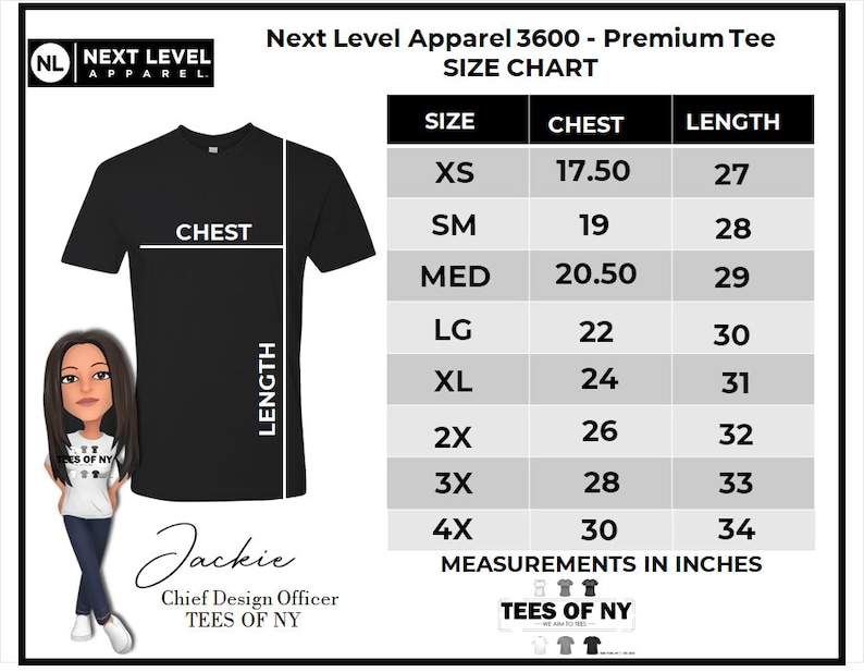 May include: Size chart for a premium t-shirt, showing chest and length measurements in inches for sizes XS to 4X. The chart is labeled "Next Level Apparel 3600 - Premium Tee Size Chart".