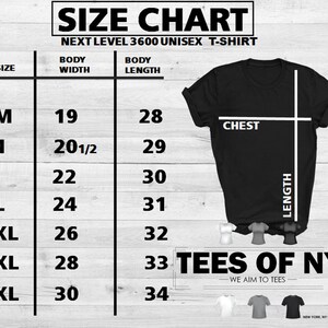 Puede incluir: Tabla de tallas para camisetas unisex. La tabla muestra las medidas de ancho y largo del cuerpo en pulgadas para las tallas S a 4XL. La tabla tambi&eacute;n incluye un diagrama de una camiseta que muestra las medidas del pecho y la longitud.