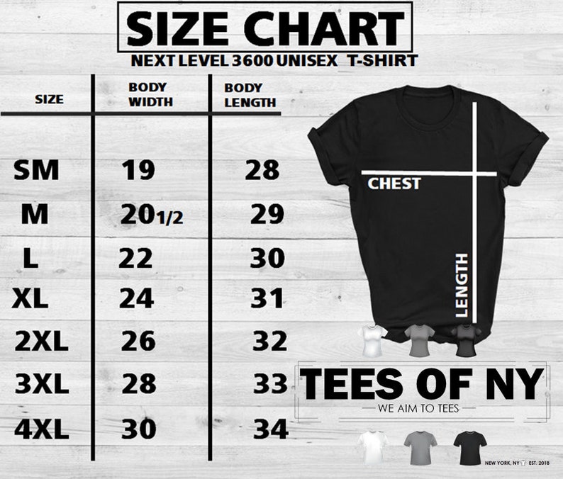 Puede incluir: Tabla de tallas para camisetas unisex. La tabla muestra las medidas de ancho y largo del cuerpo en pulgadas para las tallas S a 4XL. La tabla tambi&eacute;n incluye un diagrama de una camiseta que muestra las medidas del pecho y la longitud.