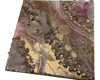 Pink Gold Resin Geode Wall Art | Quartz Crystal Statement Piece