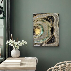 30 x 24 inch resin geode artwork on canvas made with resin, mirror chips, quartz points, fireglass, and glitter