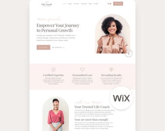 Può includere: Un modello di sito web Wix per un life coach con una combinazione di colori bianco e rosa tenue. Il layout include sezioni per la crescita personale, l'esperienza certificata e le testimonianze, con immagini segnaposto di una persona e il logo Wix.