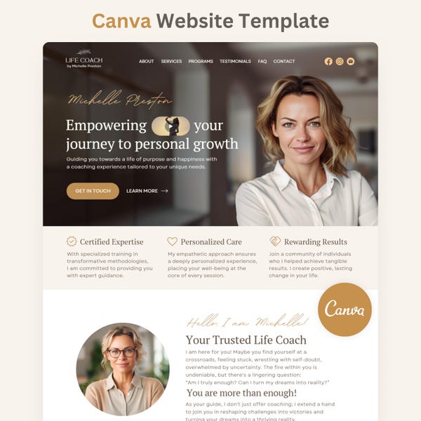 Therapeut Canva-websitesjabloon Coachingsjabloon Boho Life Coach-website bewerkbaar op één pagina
