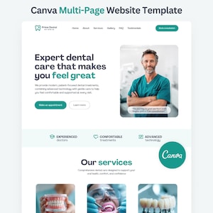 Może przedstawiać: Szablon strony internetowej dla gabinetu stomatologicznego, o nowoczesnym i przejrzystym designie. Układ zawiera sekcje dotyczące usług, referencji i wezwania do działania. Projekt zawiera kolory turkusowy i biały, ze zdjęciami procedur dentystycznych.