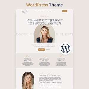 May include: A WordPress theme website template featuring a neutral color palette with beige and white tones. The layout includes a header with navigation, a hero section with a portrait, and sections for certified expertise and coaching services.