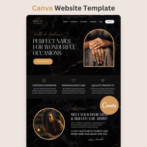 Könnte beinhalten: Eine Canva-Website-Vorlage für ein Nagelstudio namens Nails by Reisha. Das Design zeigt einen schwarzen Marmorhintergrund mit goldenen Akzenten, einschließlich Abschnitten für Dienstleistungen, Bewertungen und einen Über-mich-Bereich mit Text.