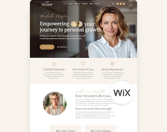 May include: A Wix website template for a life coach featuring a header with the text Life Coach by Michelle Preston, a hero section with the text Empowering your journey to personal growth, and sections detailing certified expertise, personalized care, and rewarding results.