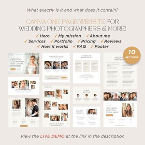 K&ouml;nnte beinhalten: Eine einseitige Canva-Website-Vorlage f&uuml;r Hochzeitsfotografen mit 10 Abschnitten, darunter Hero, Mission, &Uuml;ber mich, Dienstleistungen, Portfolio, Preise, Bewertungen, Funktionsweise, FAQ und Fu&szlig;zeile. Das Layout nutzt neutrale Farben und Fotos.