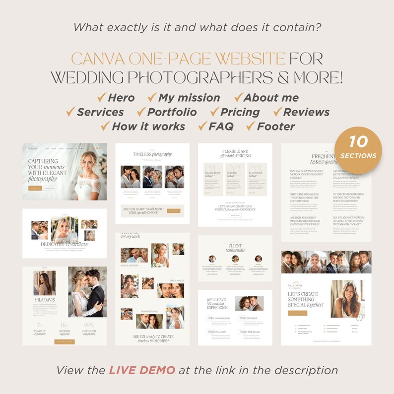 K&ouml;nnte beinhalten: Eine einseitige Canva-Website-Vorlage f&uuml;r Hochzeitsfotografen mit 10 Abschnitten, darunter Hero, Mission, &Uuml;ber mich, Dienstleistungen, Portfolio, Preise, Bewertungen, Funktionsweise, FAQ und Fu&szlig;zeile. Das Layout nutzt neutrale Farben und Fotos.