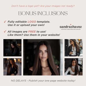 May include: Promotional graphic with text: "Don't have a logo yet?" and "Bonus Inclusions." Includes a logo template and free images. Features a woman with long brown hair and other images. The sandrachavez logo is also present.