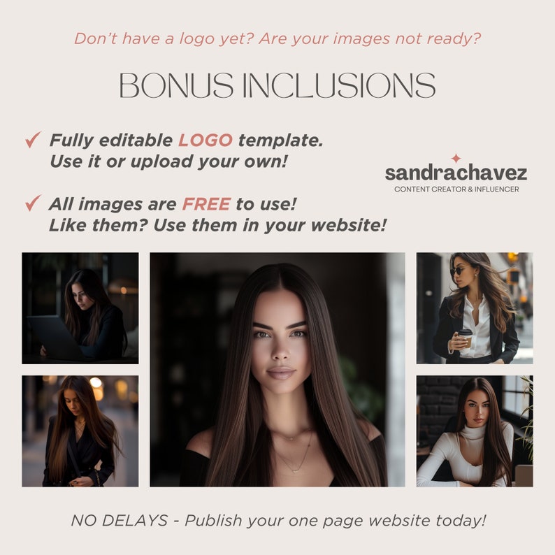 May include: Promotional graphic with text: "Don't have a logo yet?" and "Bonus Inclusions." Includes a logo template and free images. Features a woman with long brown hair and other images. The sandrachavez logo is also present.