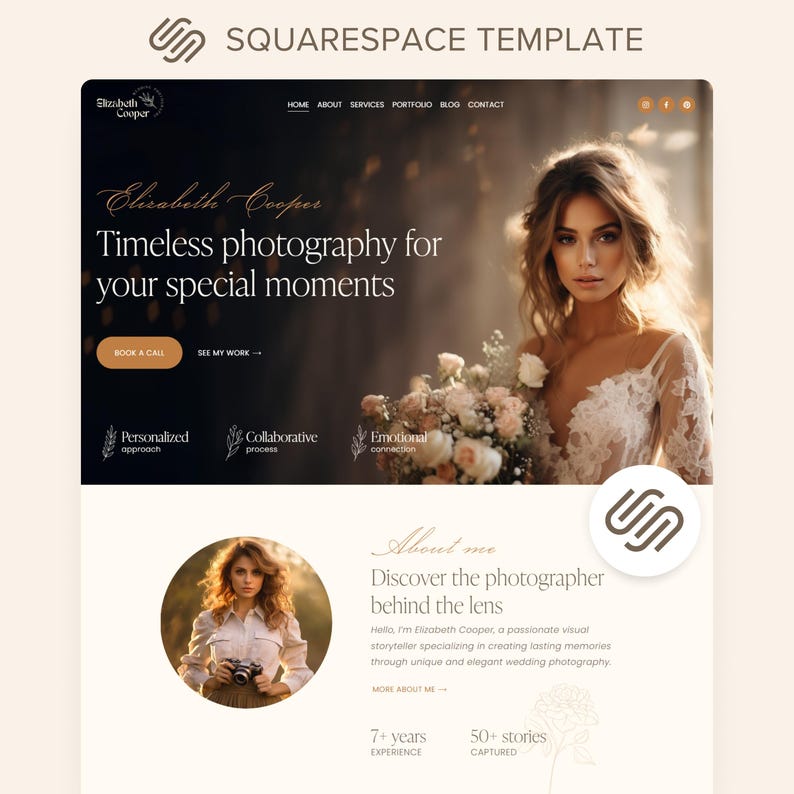 Squarespace Template for Photographers Boho Wedding Photography Website Editable Web Site DIY Square Space image 1