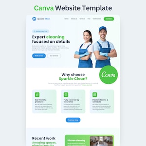 May include: A Canva website template for a cleaning service named Sparkle Clean. The layout features a header with navigation, a hero section with two cleaners in blue uniforms, and sections detailing services, benefits, and company information.