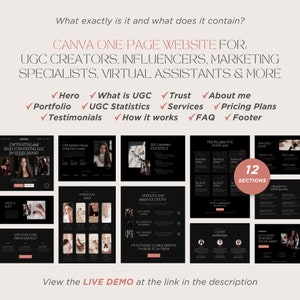 May include: A Canva one-page website template for UGC creators, influencers, and virtual assistants. The design features a dark theme with sections for portfolio, pricing, and testimonials. Text includes "What is UGC?" and "How it works."