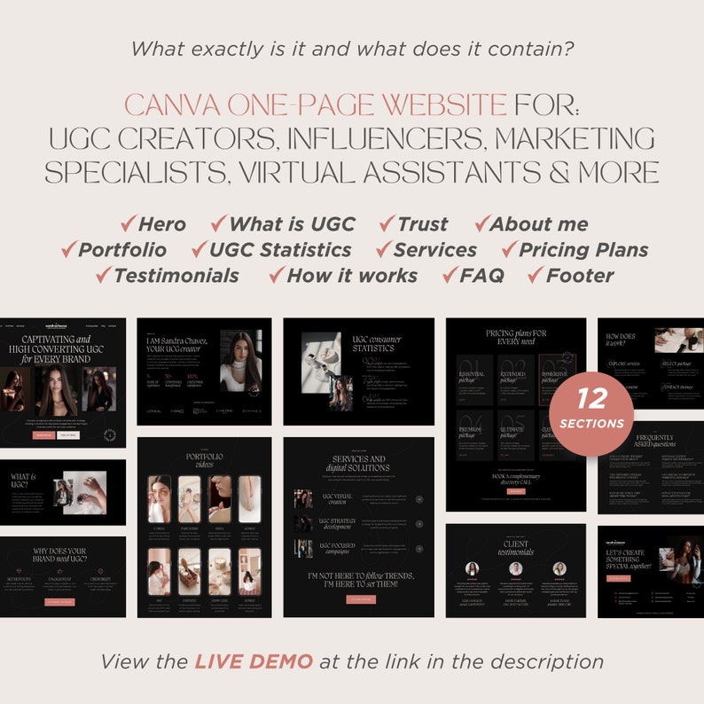 May include: A Canva one-page website template for UGC creators, influencers, and virtual assistants. The design features a dark theme with sections for portfolio, pricing, and testimonials. Text includes "What is UGC?" and "How it works."