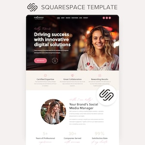 May include: A Squarespace website template for a social media manager named Kelly Turner. The layout features a hero section with a smiling person, the text Driving success with innovative digital solutions, and sections for expertise, collaboration, and results.