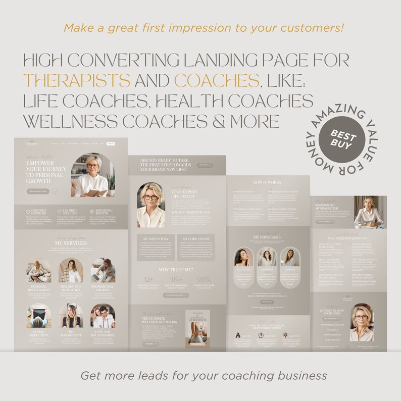 May include: A digital template for a high-converting landing page designed for therapists and coaches. The layout features a neutral beige color palette, multiple sections for services, programs, and testimonials, and includes placeholder text and imagery.