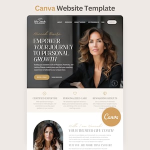 Peut inclure: Un modèle de site web Canva pour coach de vie présentant un en-tête sombre avec le texte Empower Your Journey To Personal Growth, le portrait d'une femme, des liens de navigation et des sections sur l'expertise certifiée et les résultats.