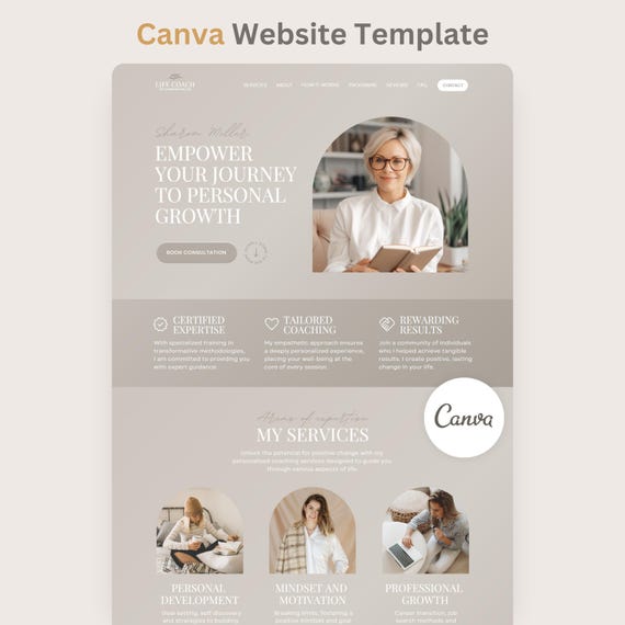 Coaching Website Template Canva Template for Therapist Editable One Page Web Site DIY Design