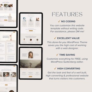 May include: A digital display of a website template featuring multiple tablet screens showing various page layouts. The text on the right lists features including NO CODING, EXCELLENT VALUE, TIME SAVING, and HIGH CONVERTING, detailing the WordPress theme.