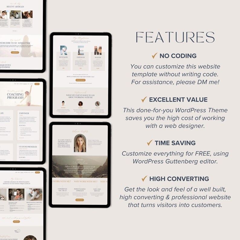 May include: A digital display of a website template featuring multiple tablet screens showing various page layouts. The text on the right lists features including NO CODING, EXCELLENT VALUE, TIME SAVING, and HIGH CONVERTING, detailing the WordPress theme.