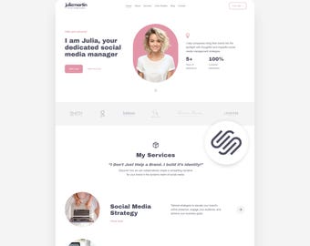 May include: A Squarespace website template for a social media manager named Julia Martin. The layout features a white background, a circular portrait, sections for services like social media strategy and content creation, and navigation links.