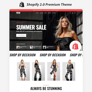 Peut inclure: Conception de site web pour un thème Shopify 2.0 Premium. L'image présente une vente d'été avec 40% de réduction sur les robes et les combinaisons. Le design comprend des mannequins et le texte « ALWAYS BE STUNNING ».