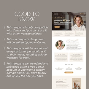 May include: A website template for a life coach, featuring a photo of the coach and text about her services. The text includes "Empowering your journey to personal growth", "Your Trusted Life Coach", and "Why Trust Me?" with statistics about her experience and success rate.