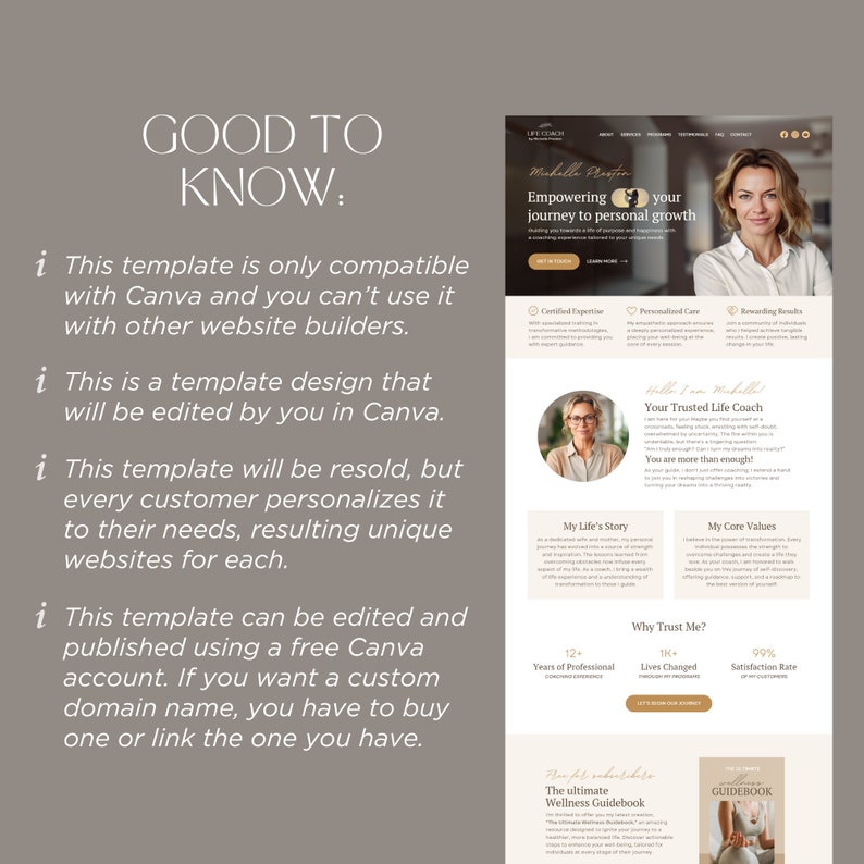 May include: A website template for a life coach, featuring a photo of the coach and text about her services. The text includes "Empowering your journey to personal growth", "Your Trusted Life Coach", and "Why Trust Me?" with statistics about her experience and success rate.