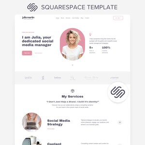 May include: A website template with a clean, modern design. The header includes the text "Squarespace Template" and the name "juliamartin". The main content features a photo of a woman, service descriptions, and a logo. The color scheme is primarily white and pink.