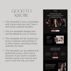 May include: A website template design with a black and white color scheme. The design includes the text "CAPTIVATING and HIGH CONVERTING UGC for EVERY BRAND" and "GOOD TO KNOW:" with bullet points about the template's features.