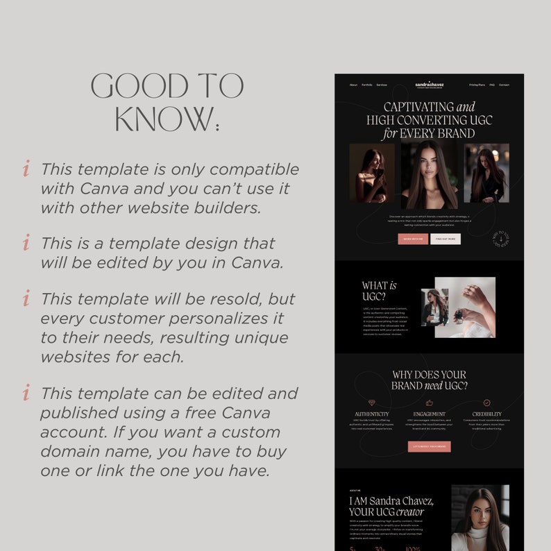 May include: A website template design with a black and white color scheme. The design includes the text "CAPTIVATING and HIGH CONVERTING UGC for EVERY BRAND" and "GOOD TO KNOW:" with bullet points about the template's features.