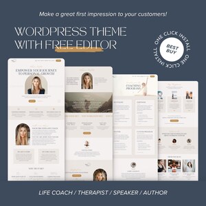 May include: A WordPress theme digital product display featuring four website page layouts in a neutral color palette. Text includes "WORDPRESS THEME WITH FREE EDITOR", "BEST BUY", "ONE CLICK INSTALL", and "LIFE COACH / THERAPIST / SPEAKER / AUTHOR".