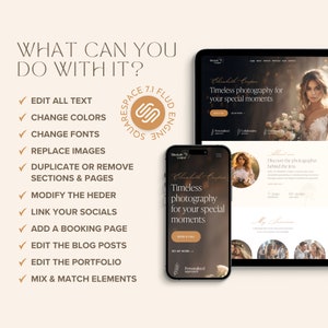 May include: A digital marketing image showcasing a website design on a tablet and smartphone. The text reads "What can you do with it?" and lists features like editing text, changing colors, and adding a booking page. The website promotes "Timeless photography for your special moments."