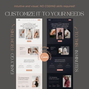 May include: A website mockup showing how to create engaging user-generated content (UGC) for a brand. The website is designed in a minimalist style with a black and white color scheme. The text on the website includes the words "Captivating and High Converting UGC for Every Brand" and "Creating Your Brand's Story with Captivating and Engaging UGC".