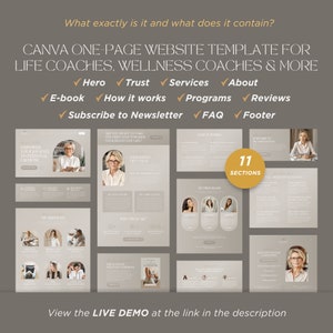 May include: A Canva one-page website template for life and wellness coaches featuring 11 sections including hero, trust, services, about, e-book, how it works, programs, reviews, newsletter, FAQ, and footer. The design uses a neutral beige color palette.