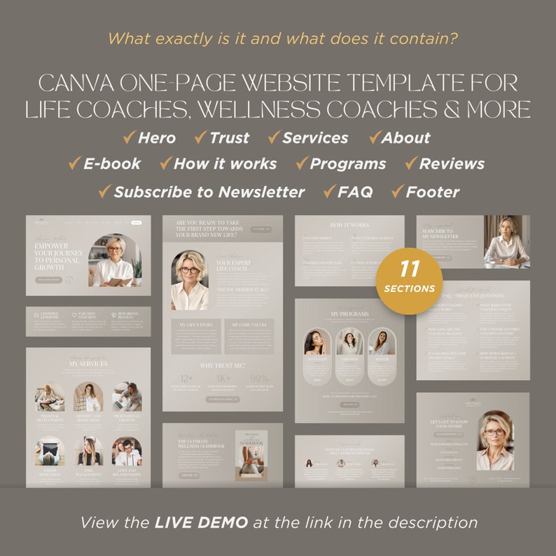 May include: A Canva one-page website template for life and wellness coaches featuring 11 sections including hero, trust, services, about, e-book, how it works, programs, reviews, newsletter, FAQ, and footer. The design uses a neutral beige color palette.
