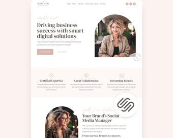 May include: A Squarespace website template layout featuring the text Amber Scott, Driving business success with smart digital solutions, and Your Brand's Social Media Manager. The design includes two arched photo frames and sections for services.