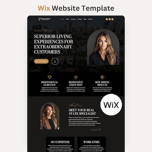 May include: A Wix website template for a real estate business featuring a dark color scheme with gold accents. The layout includes a hero section with text, a portrait of a professional, navigation menus, and sections for professional guidance.