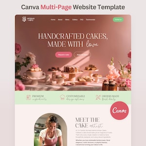 Peut inclure: Modèle de site web avec un thème rose et vert, affichant le texte « HANDCRAFTED CAKES, MADE WITH love ». La conception comprend des images de gâteaux et les mots « Premium ingredients », « Customizable design options » et « Orders made fresh daily ».