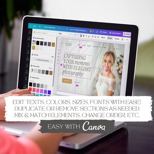 K&ouml;nnte beinhalten: Ein Laptop-Bildschirm zeigt die Canva-Benutzeroberfl&auml;che mit einem Website-Design-Projekt. Das Design enth&auml;lt ein Foto einer Person in einem wei&szlig;en Spitzen-Brautkleid und den Text CAPTURING YOUR moments WITH ELEGANT photography.